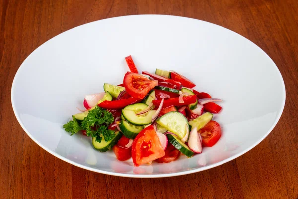 Deliciosa Salada Fresca Com Tomate Pepino Pimenta — Fotografia de Stock