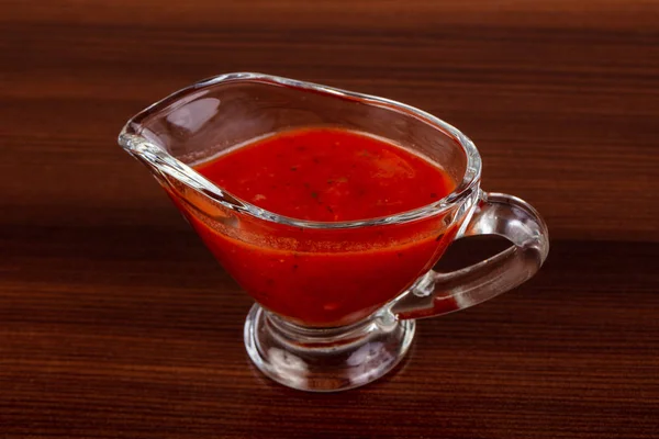 Tomato Sauce Bowl Ower Wooden Background — Stock Photo, Image