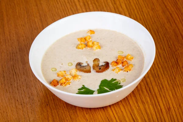 Mushroom cream soup with croutons — Stock Image Mushroom Cream Soup Croutons Stock Picture