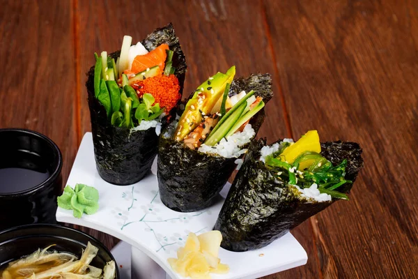 Japanese Temaki set with miso soup and seafood