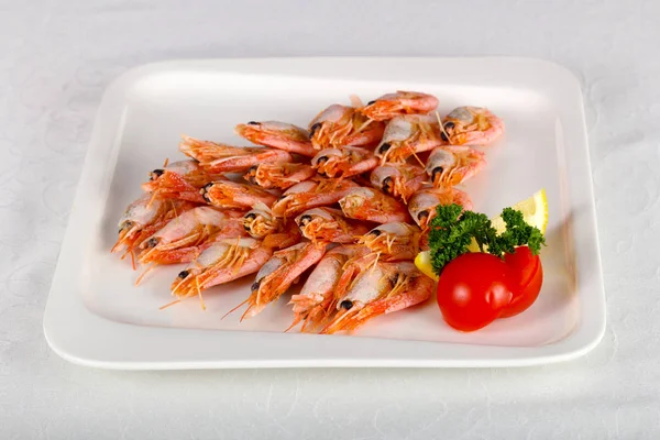 Boiled Prawns Snack White Plate — Stock Photo, Image