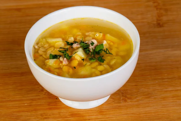 Pea soup with meat and parsley — Stock Image Pea Soup Meat Parsley Stock Image