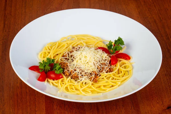 Bolonhesa Espaguete Deliciosa Com Tomates — Fotografia de Stock