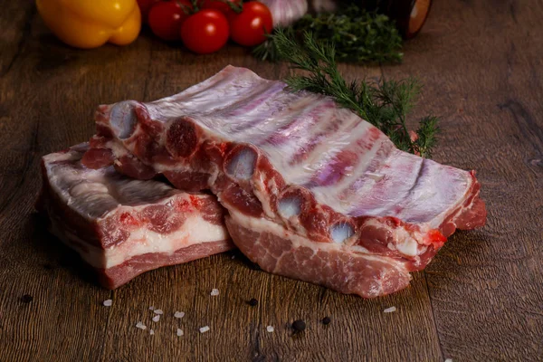 Raw Pork Meat Wooden Background — Stock Photo, Image