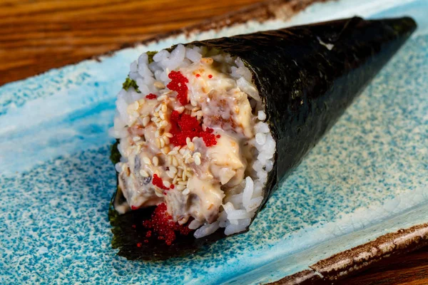 Temaki Japonais Main Avec Poisson Riz — Photo