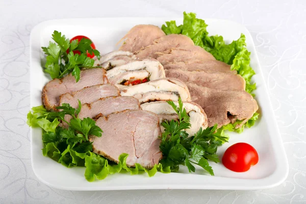 Plate Pork Meat Chicken Roll Tongue — Stock Photo, Image
