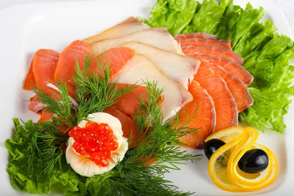 Sliced Fish Assortment Caviar Lemon — Stock Photo, Image