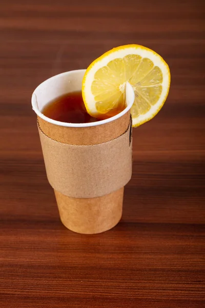 Cup Tea Lemon Wooden Background — Stock Photo, Image