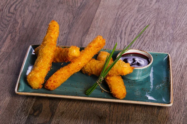 Cheese Sticks Sauce Served Green Onion — Stock Photo, Image