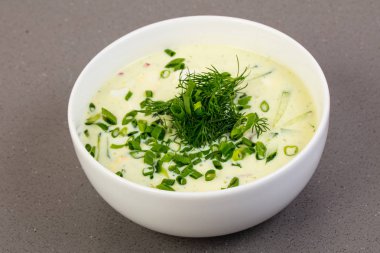 Kefir ile Rus soğuk Okroshka çorbası