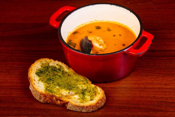 Tomato Soup Seafood Garlic Bread — Stock Photo, Image
