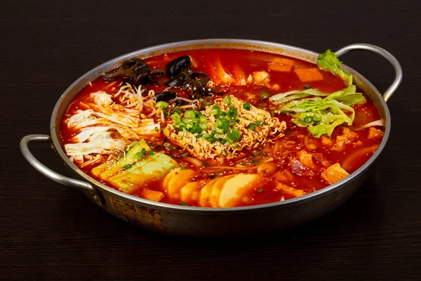 Korean cuisine hot pot with meat and seafood