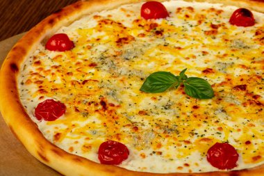 Pizza dört peynir fesleğen yaprakları servis