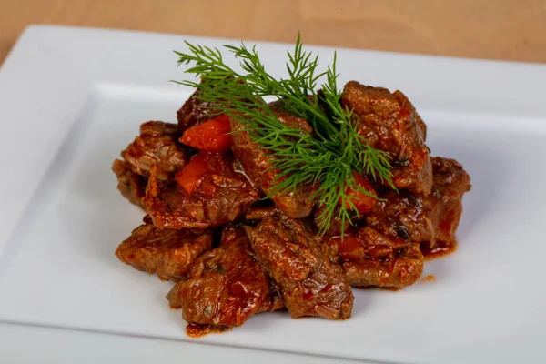 Beef Goulash Tomato Served Dill — Stock Photo, Image