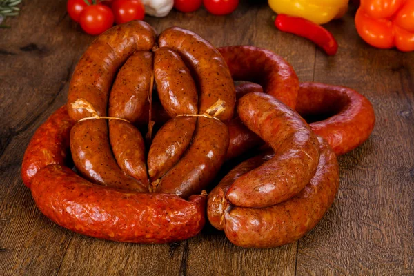 Pork Sausages Wooden Background — Stock Photo, Image