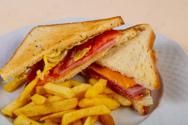 Sandwich Con Prosciutto Formaggio Con Patate Fritte — Foto Stock