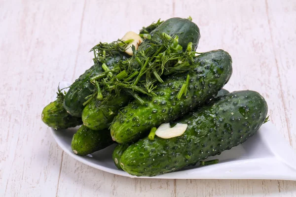 Pickled green cucumbers heap in the bowl — Stock Image Pickled Green Cucumbers Heap Bowl Stock Picture