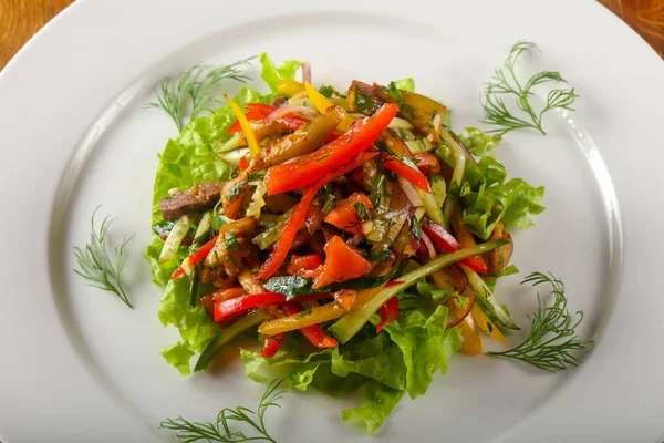 Salada Carne Quente Prato Branco — Fotografia de Stock