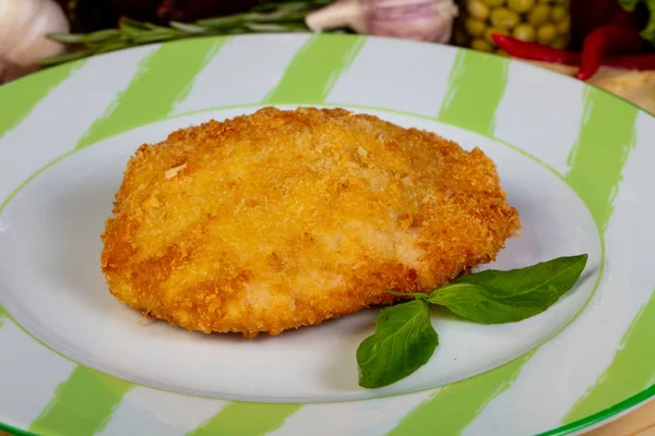 Homemade Chicken Schnitzel Basil Leaves — Stock Photo, Image