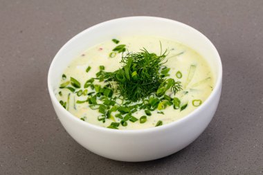Kefir ile Rus soğuk Okroshka çorbası
