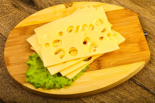 Sliced Cheese Salad Leaves Wooden Background — Stock Photo, Image