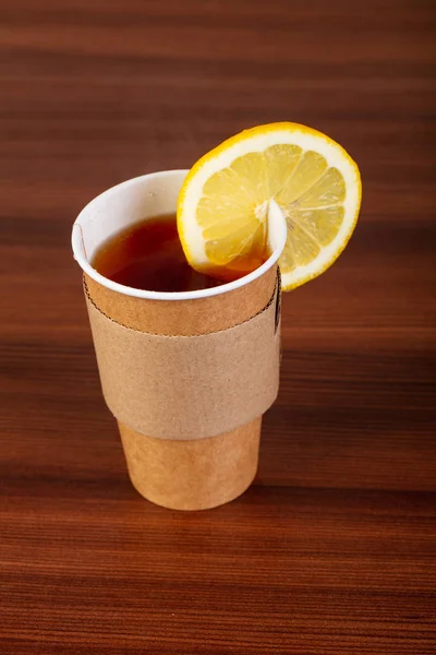 Cup Tea Lemon Wooden Background — Stock Photo, Image