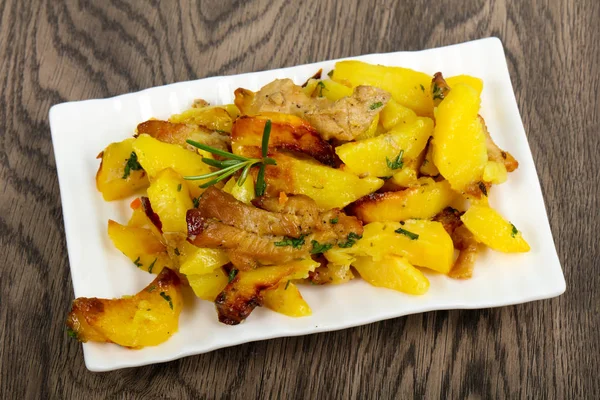 Fried Potato Pork Served Rosemary — Stock Photo, Image