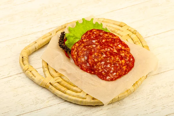 Sliced Tasty Chorizo Sausage Wooden Background — Stock Photo, Image