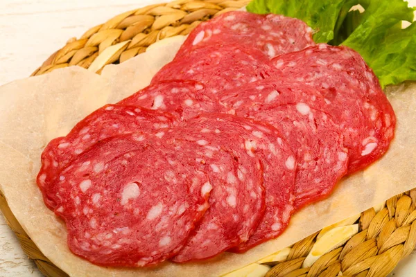 Spanische Wurst Salchichon Auf Weißem Tisch — Stockfoto