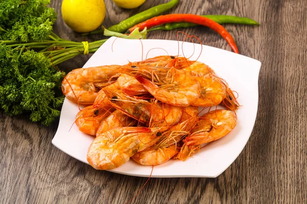 Los Langostinos Cocidos Escudilla Preparado Para Comer — Foto de Stock