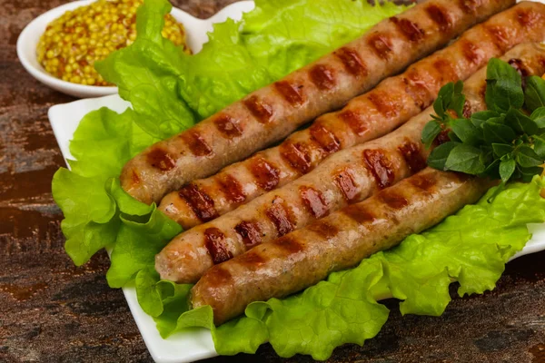 Gegrilde Natuurlijke Varkensvlees Worst Met Saus — Stockfoto