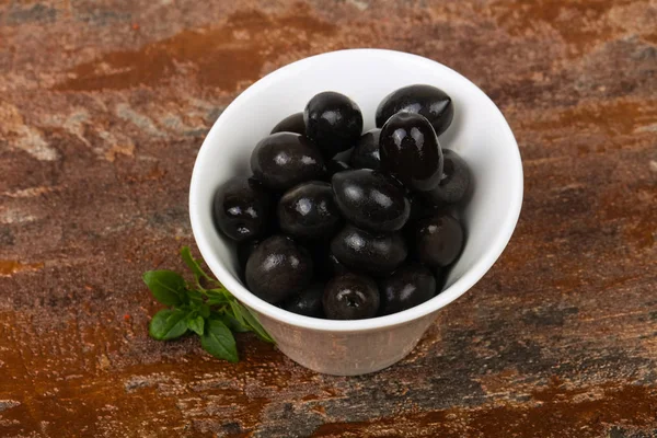 Tas Olives Noires Dans Bol — Photo