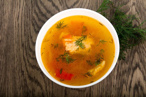 Sopa Peixe Salmão Sobre Fundo Madeira — Fotografia de Stock