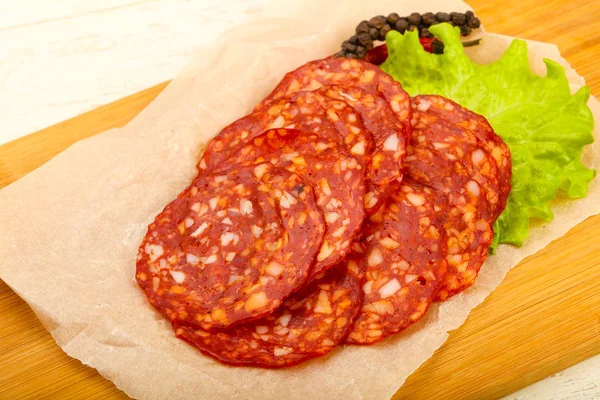 Sliced Tasty Chorizo Sausage Wooden Background — Stock Photo, Image