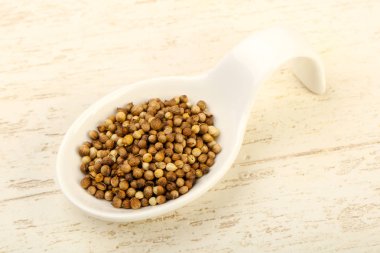 Kişniş tohumu yığın ahşap arka plan üzerinde