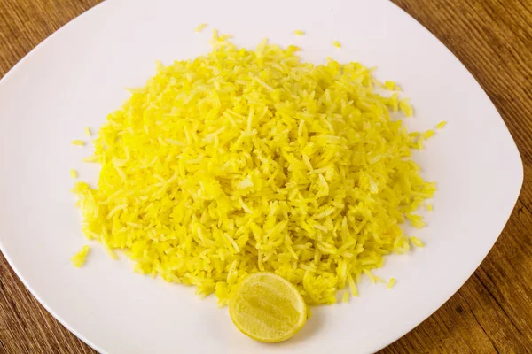 Indické Tradiční Kuchyně Žluté Rýže Limetkou — Stock fotografie