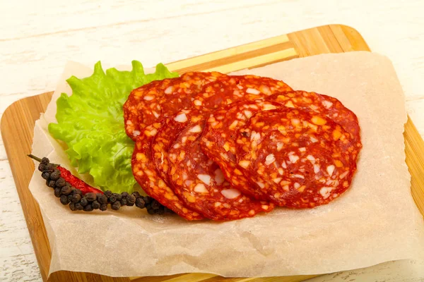 Szeletelt Ízletes Chorizo Kolbász Mint Fából Készült Háttér — Stock Fotó