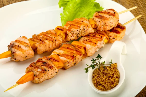 Grilled Salmon Skewer Dijon Mustars Sauce — Stock Photo, Image