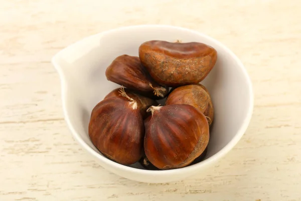 Chestnuts Bowl Wooden Background — Stock Photo, Image