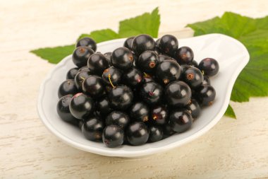 Olgun siyah kuş üzümü ile yaprak kase