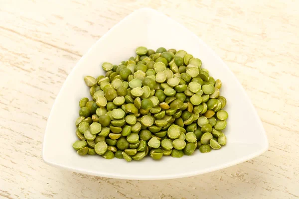 Green Peas Pile Bowl Wooden Background — Stock Photo, Image