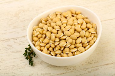 Kase ahşap arka plan üzerinde çiğ beyaz fasulye