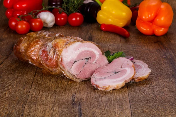 Smoked Pork Meat Wooden Background — Stock Photo, Image