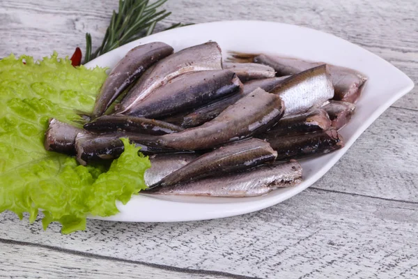 Anchovy Fish Snack Bowl Served Salad Leaves Rosemary — Stock Photo, Image