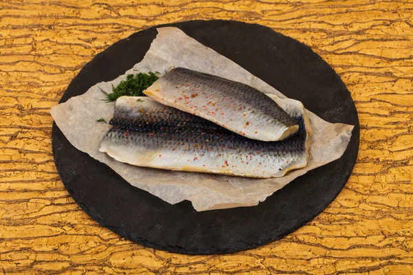 Herring Fillet with skin over the wooden background — Stock Image Herring Fillet Skin Wooden Background Stock Picture