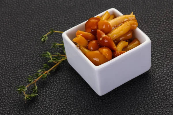 Pickled honey agaric in the bowl served thyme — Stock Image Pickled Honey Agaric Bowl Served Thyme Stock Photo