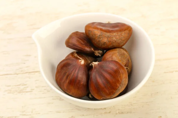 Chestnuts Bowl Wooden Background — Stock Photo, Image