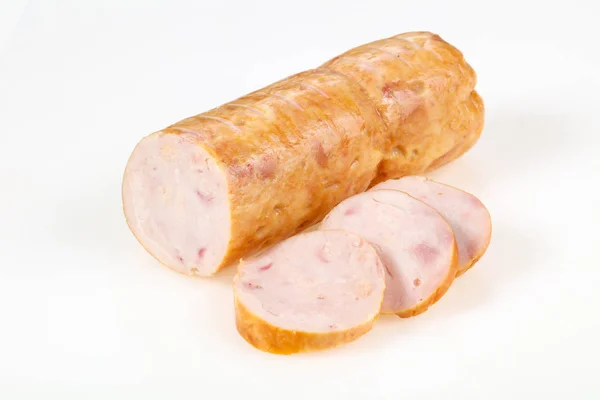 Tasty meat sausages over white background — Stock Photo, Image