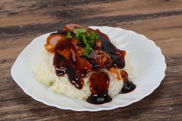 Rice with duck breast in Unagi sauce — Stock Photo, Image