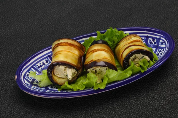 Stuffed eggplant roll with cheese and herbs — Stock Photo, Image